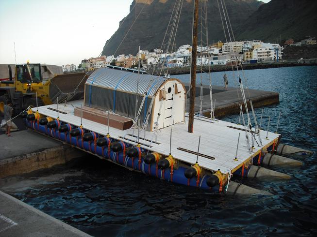 Antiquey expedition on a raft made from water pipes