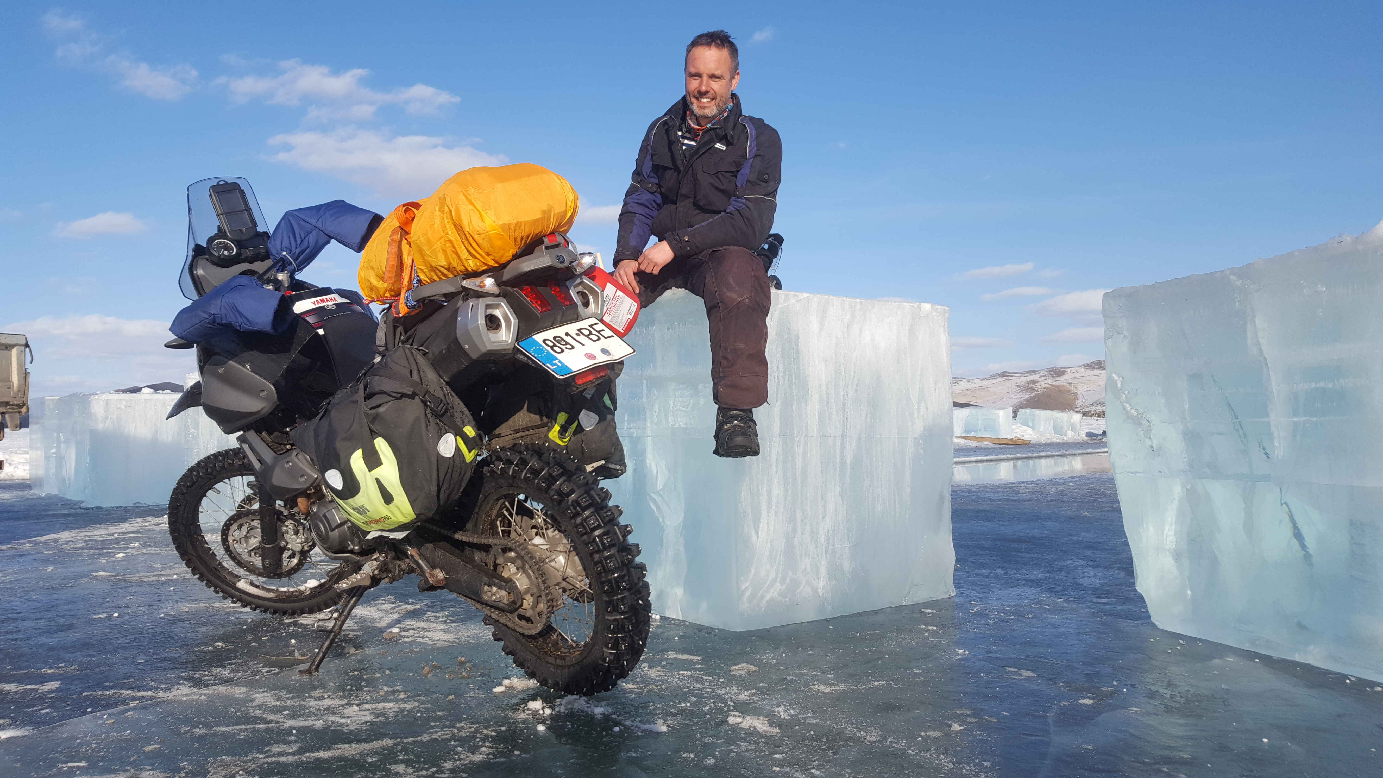 Karolis Mieliauskas on his solo motorcycle ride over the frozen Lake Baikal