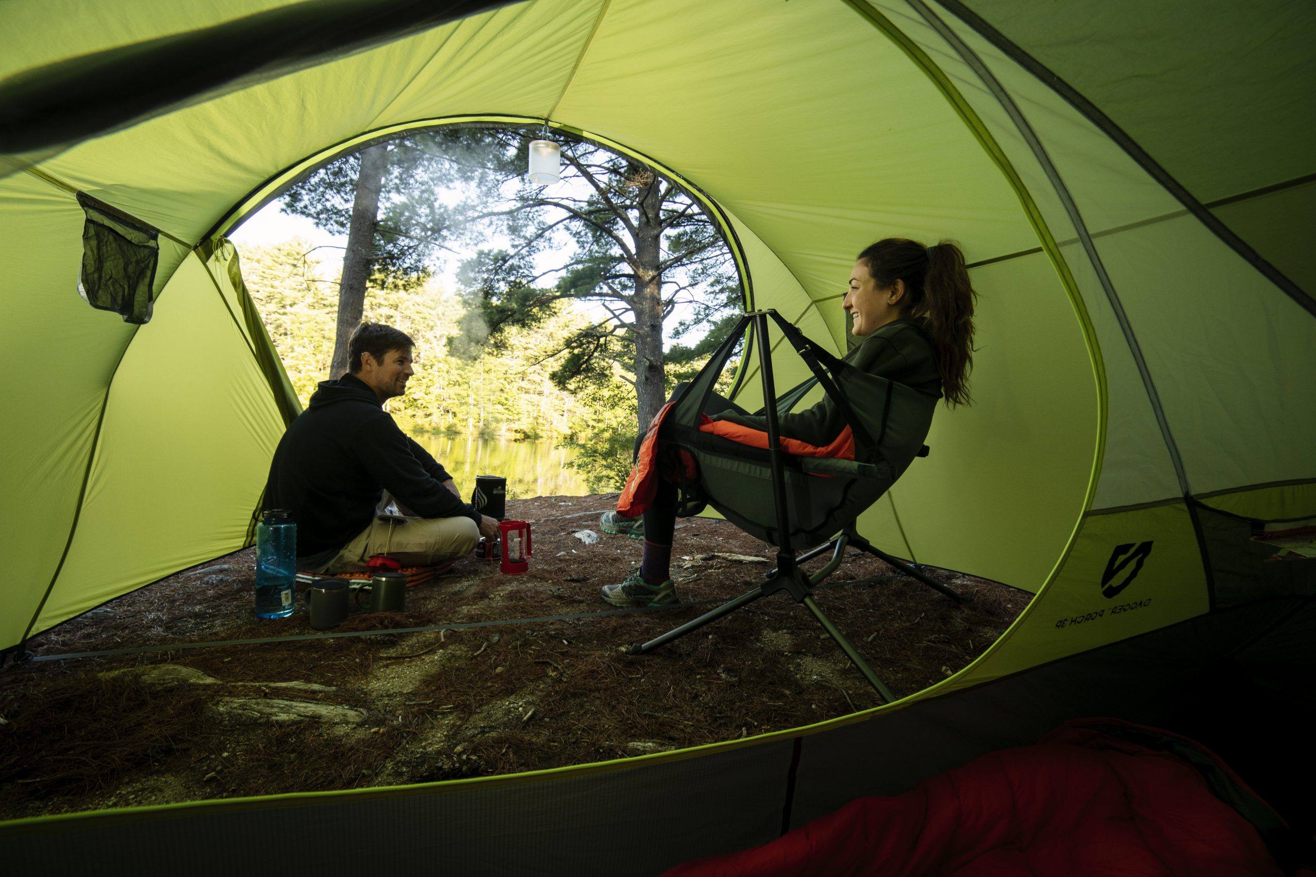 Check out this tent with a wide porch you can sit in